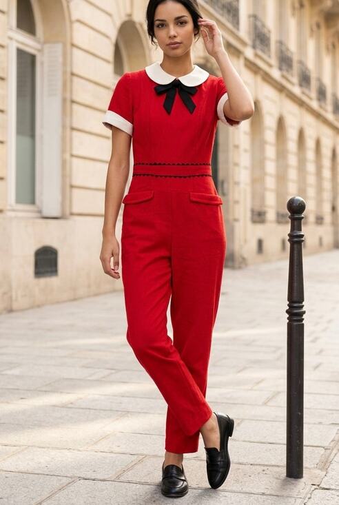 Styled by Dorian Pants - VTG 1960 Red Wool Hostess Jumpsuit Size S Peter Pan Collar Rick Rack